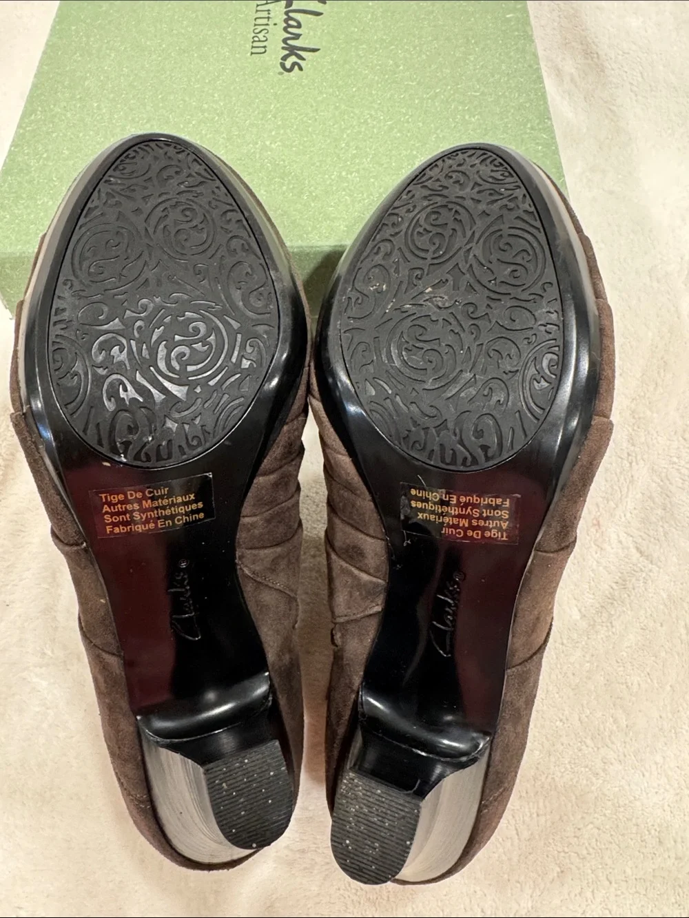 Clarks Dark Brown Suede Ankle Booties with Mid Heels